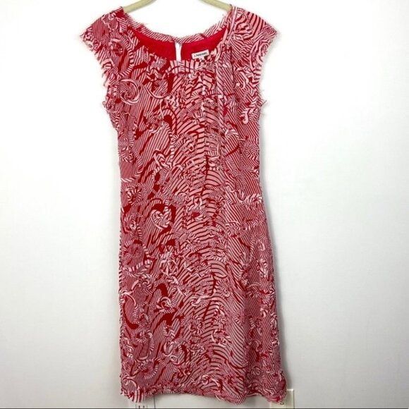 J. Peterman Appliqué Red White Fringe‎ Midi Dress Size 6 Lined Cap Sleeve Party - Picture 7 of 7